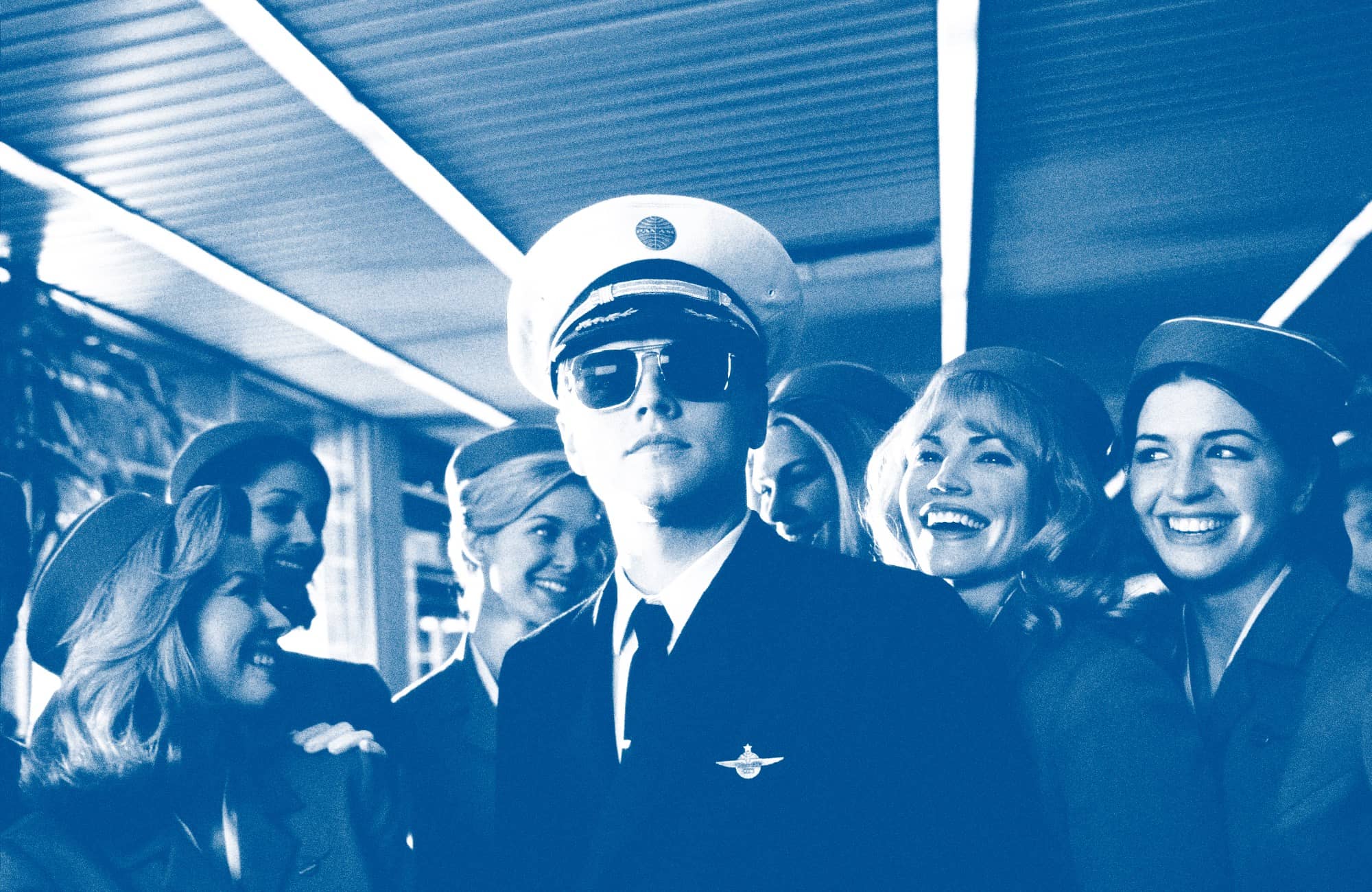 Pilot in a white captain's hat and sunglasses stands in front of smiling passengers on a plane cabin fore illustration of friendly crew and travelers.